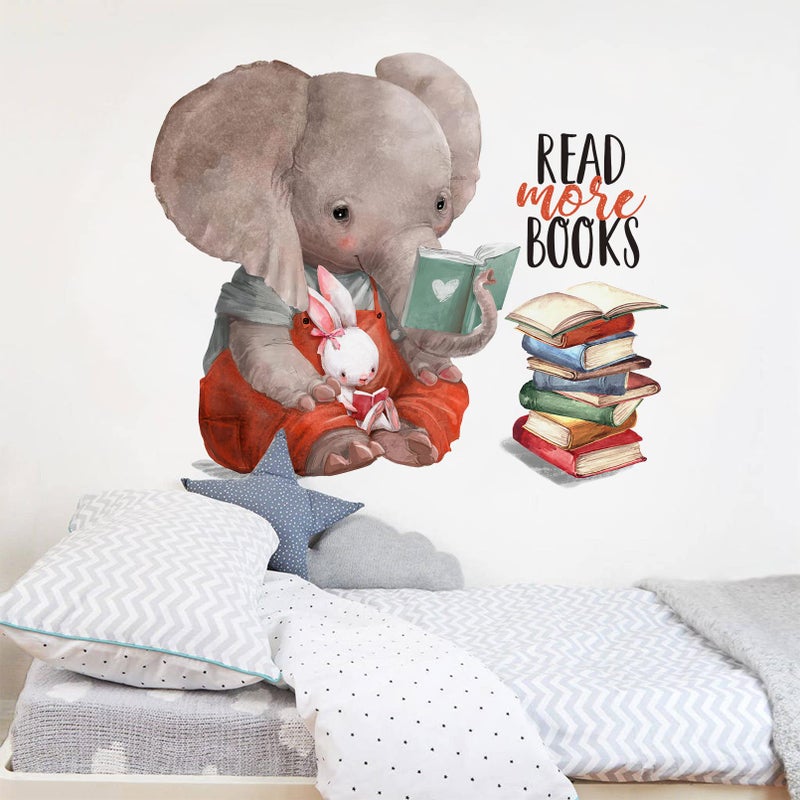 Mfault Inspirational Elephant Bunny Read More Books Wall Decals Stickers  Motivational Rabbit Animals Nursery Decorations Classroom Bedroom Art  Watercolor Neutral Toddler Kids Room Home Decor Gift - Image 5